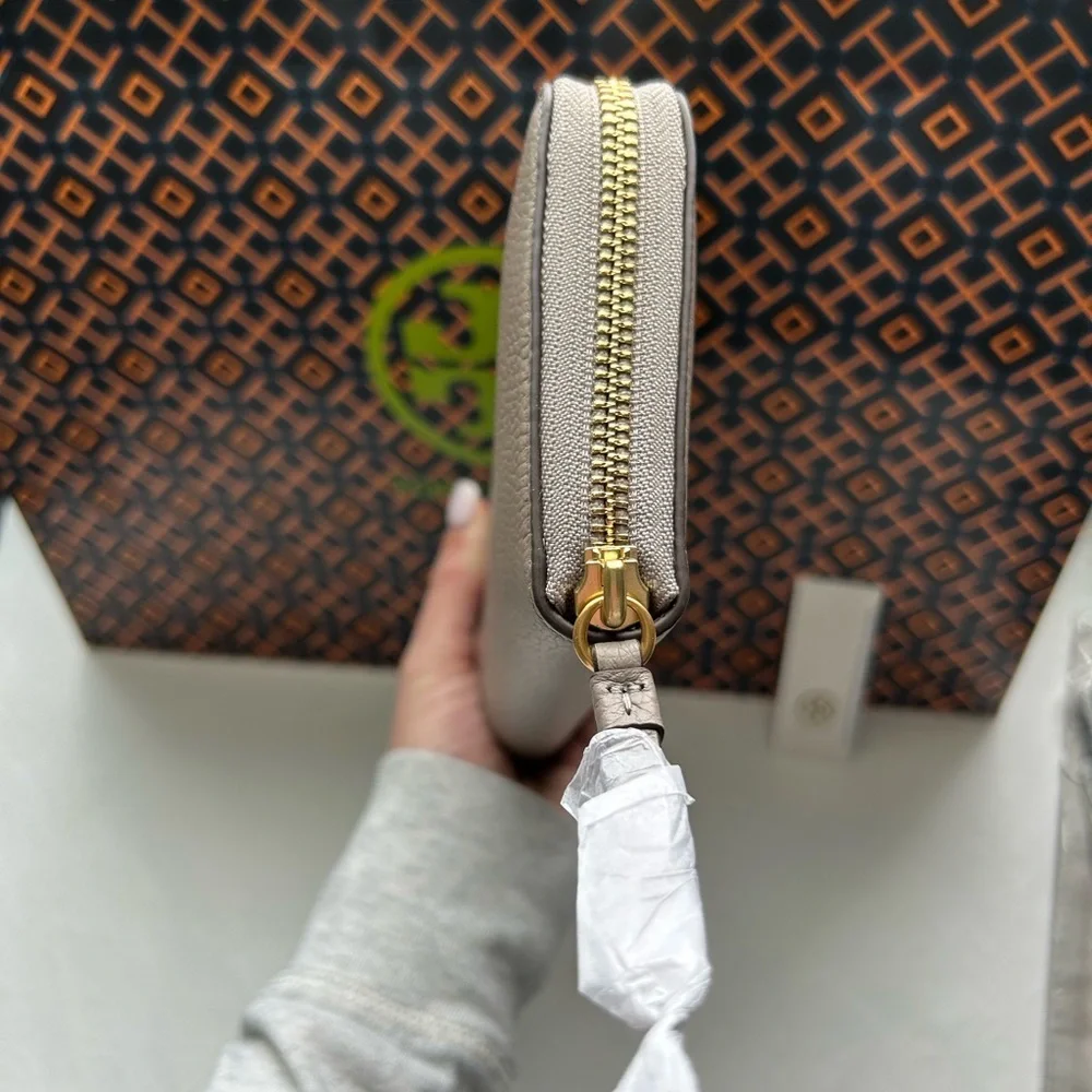 Tory Burch Walker Zip Continental Wallet Gray Heron Gold Grey